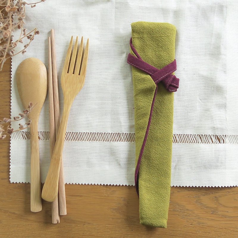 Cotton tableware storage bag - tableware bag | wide version | mustard yellow x grape purple - Cutlery & Flatware - Cotton & Hemp 
