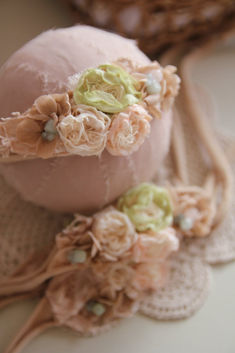 嬰兒頭帶 寶寶頭帶 嬰兒頭飾 頭飾 彌月禮物 彌月頭飾 百日宴頭飾 - 嬰兒帽子/髮帶 - 棉．麻 卡其色