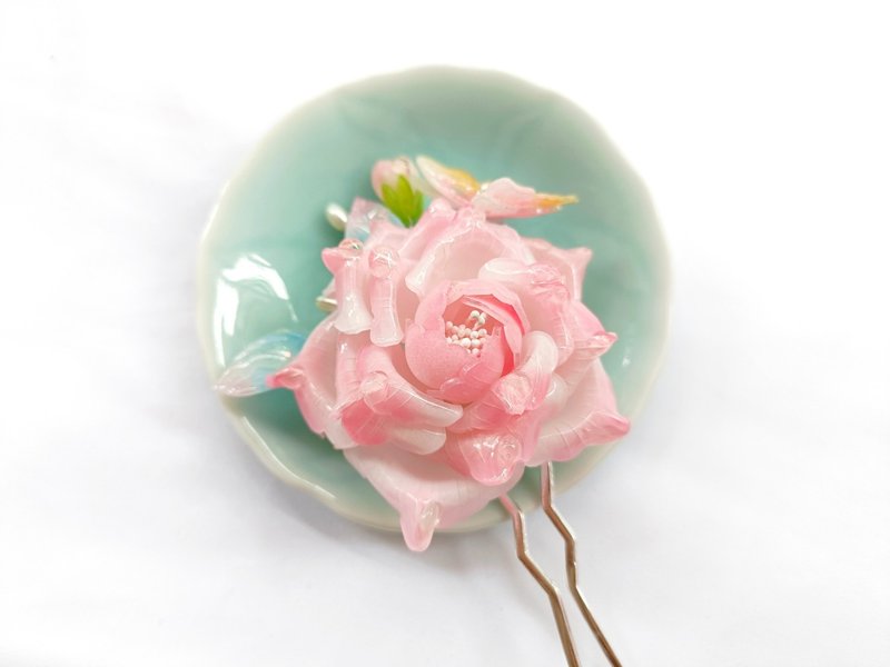 情定玫瑰 古風粉嫩漸層熱縮玫瑰花髮簪髮飾飾品配件 - 髮圈/髮夾 - 其他金屬 粉紅色
