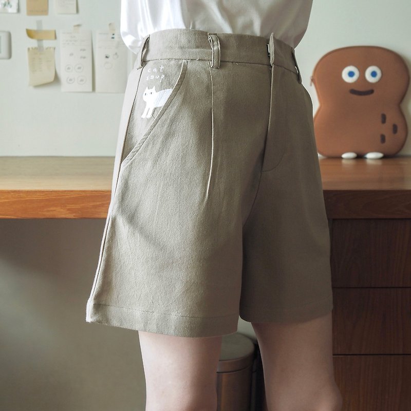cat soup cotton shorts : khaki - กางเกงขาสั้น - ผ้าฝ้าย/ผ้าลินิน สีกากี