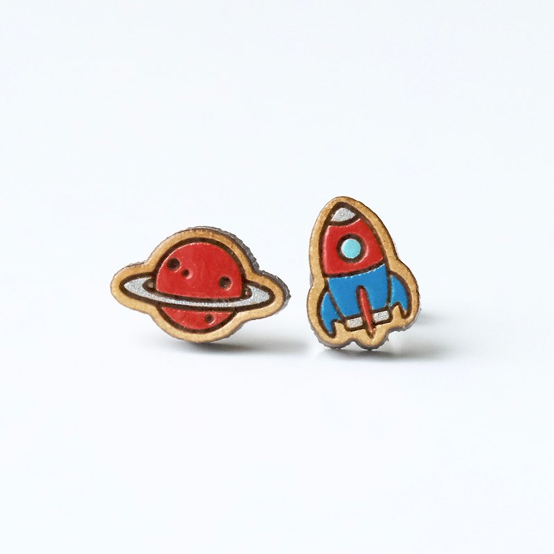 Painted  wood earrings-Planet & Rocket (red planet) - Earrings & Clip-ons - Wood Red