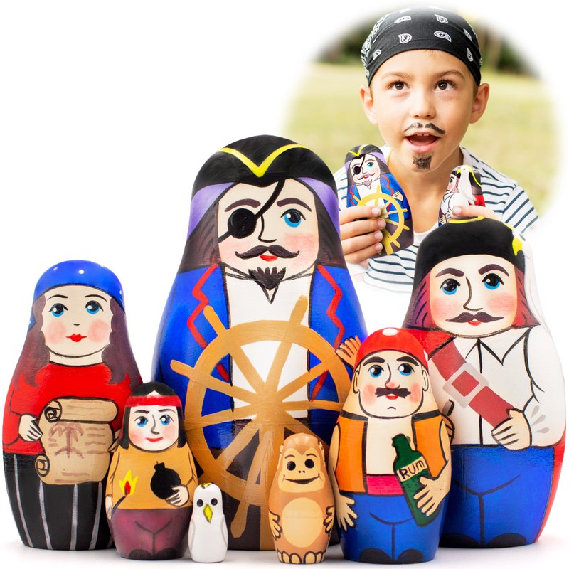 Pirates Nesting Dolls Set of 7 pcs - Pirate Toys - Pirate Figurines - Pirate Dec - 寶寶/兒童玩具/玩偶 - 木頭 多色