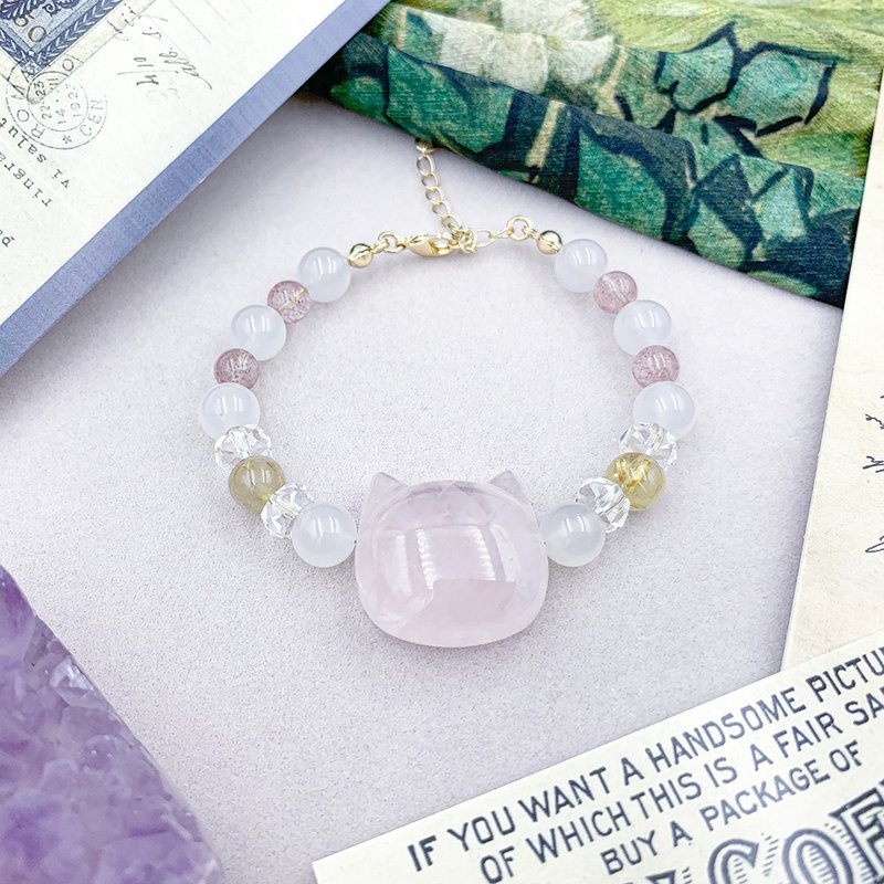 Love Big Cat/Pink Crystal Lychee Jelly Blonde Crystal White Crystal Strawberry Crystal Bracelet - สร้อยข้อมือ - วัสดุอื่นๆ สึชมพู