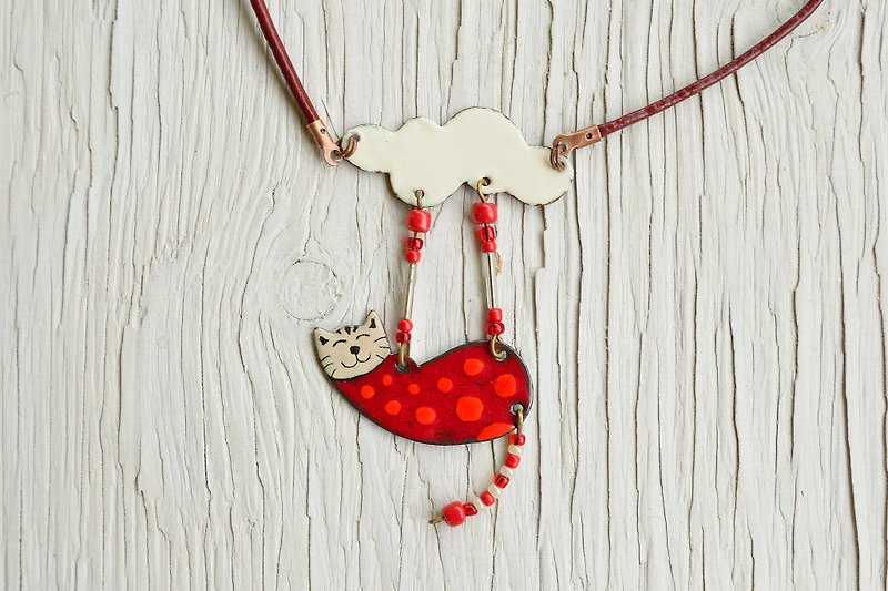 Cat necklace, Enamel necklace, Spotty cat, Polka dot, Cat jewelry, Cat And Cloud - Necklaces - Enamel Red