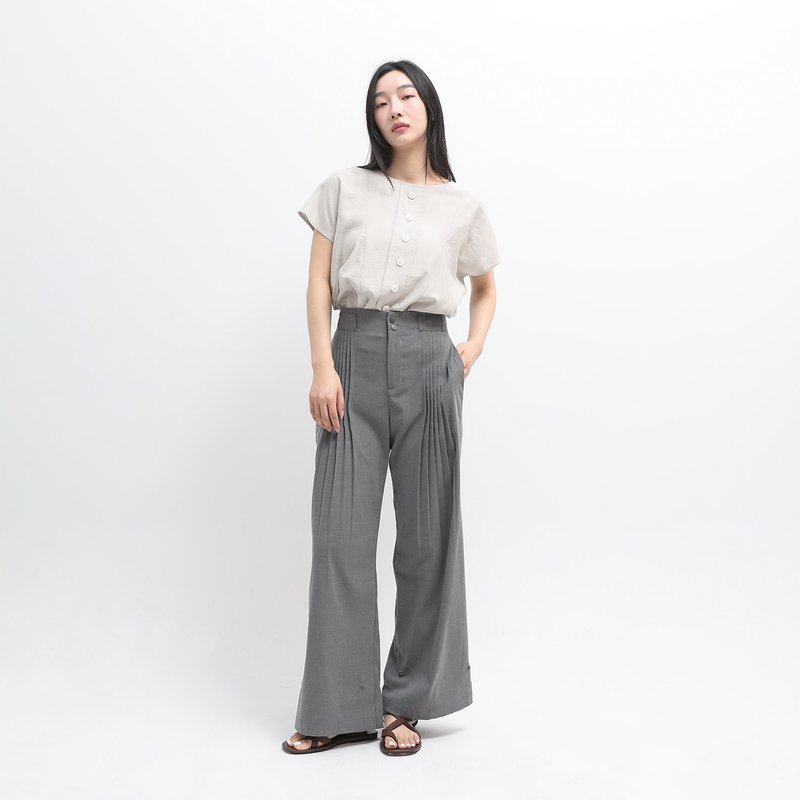 Zheli_哲理褶子縮口褲_24SF202_灰 - 女長褲 - 聚酯纖維 灰色