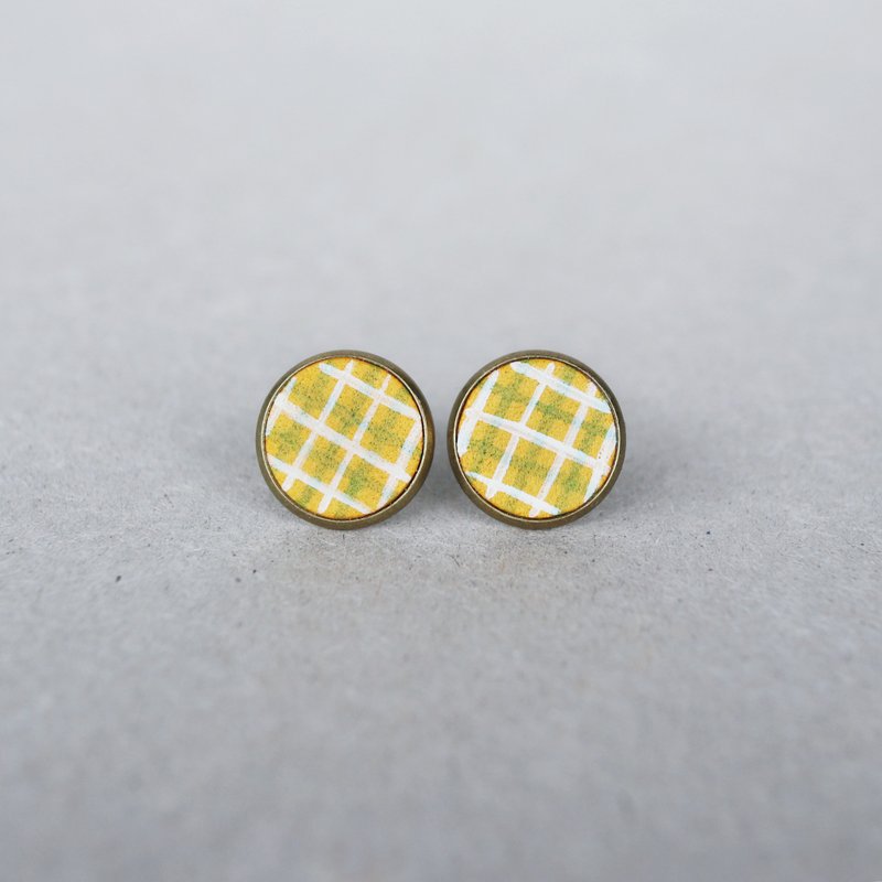 12:12 PM wearing plaid skirt whispering / Yellow Check - Leather Bronze earrings / ear Clip-On - ต่างหู - หนังแท้ สีเหลือง