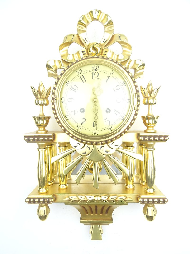 スウェーデン ヴィンテージ グスタヴィアン アンティーク ウォールクロック ミッドセンチュリー (モーラ時代) - 時計 - 木製 ゴールド