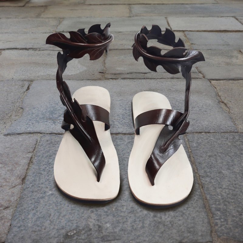 Handmade Leather leaf wrapped around ankles sandals, - 涼鞋 - 真皮 咖啡色