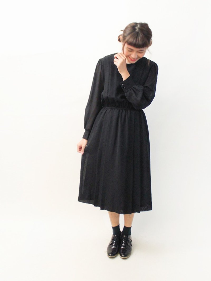 復古早春日本製點點刺繡黑色簡約長袖古著洋裝 Vintage Dress - 洋裝/連身裙 - 聚酯纖維 黑色