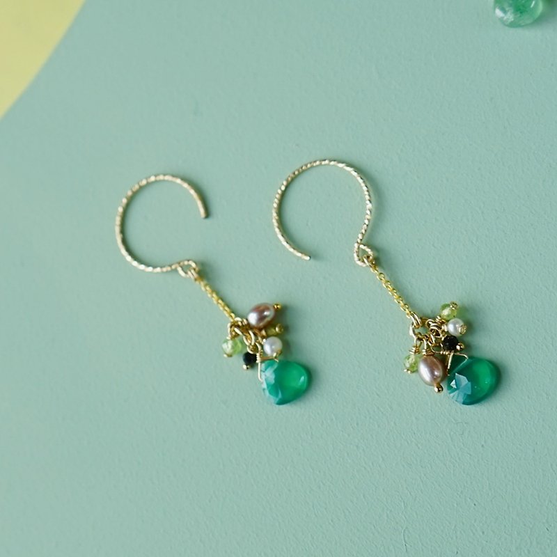 綠玉髓葡萄石紫水晶淡水珍珠中長耳環 美產14KGF - 耳環/耳夾 - 其他金屬 綠色