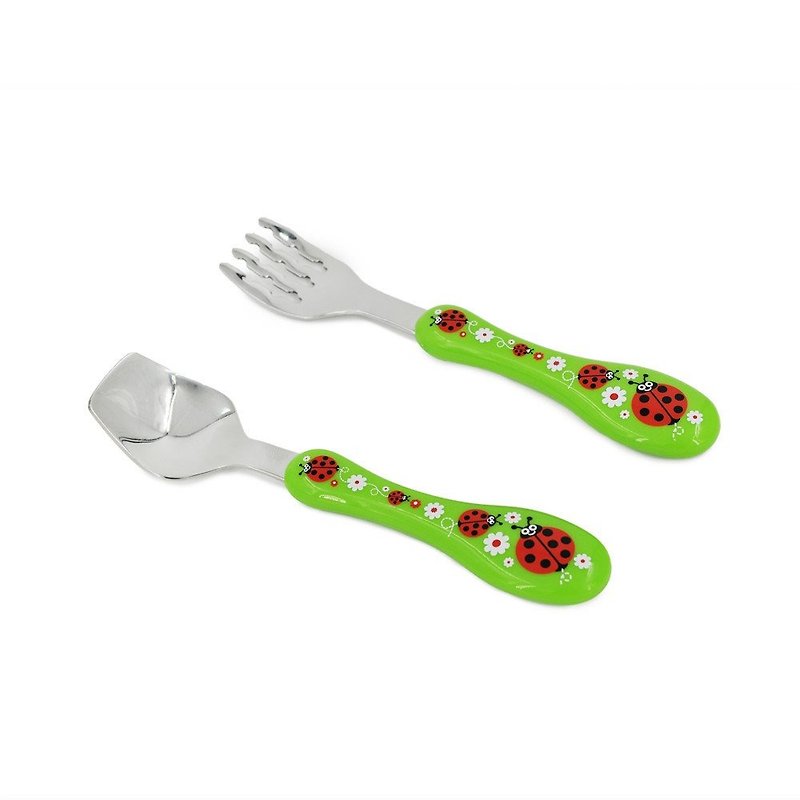HUGGER 好好食兒童餐具組 湯匙+叉子 小瓢蟲 - 寶寶/兒童餐具/餐盤 - 不鏽鋼 綠色