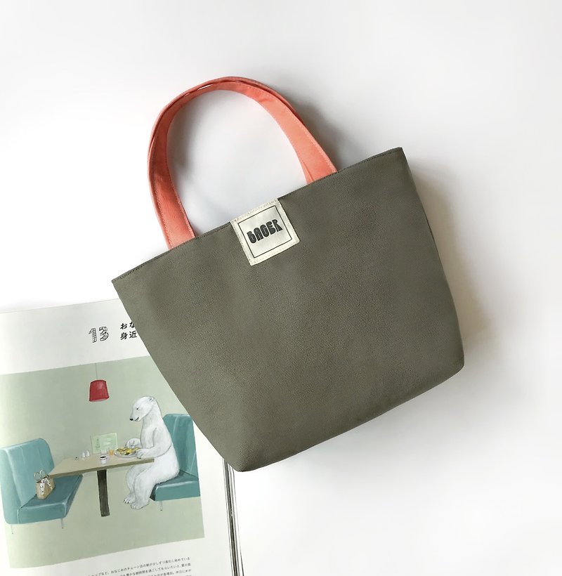 Simple color jumping canvas small tote bag / lunch bag / army green + coral orange - Handbags & Totes - Other Materials Multicolor