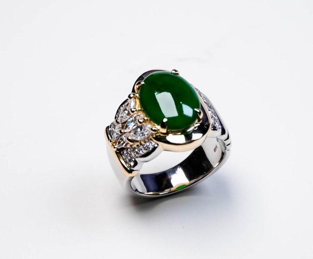 Bingzhong Laokeng green jade cabochon ring PT900 white gold/18K