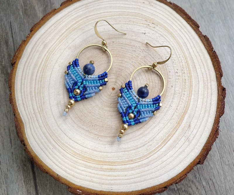 Misssheep A81 - macrame earrings with brass bead and sodalite - Earrings & Clip-ons - Other Materials Blue