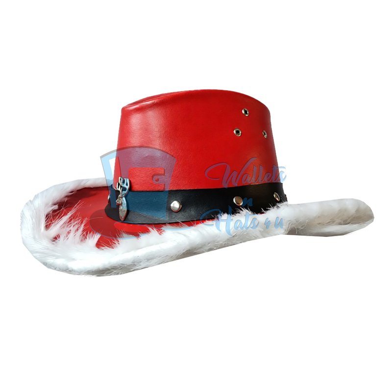 Santa Cowboy Leather Hat – Red Christmas Western Hat with Faux Fur Trim & Reinde - 帽子 - 真皮 紅色