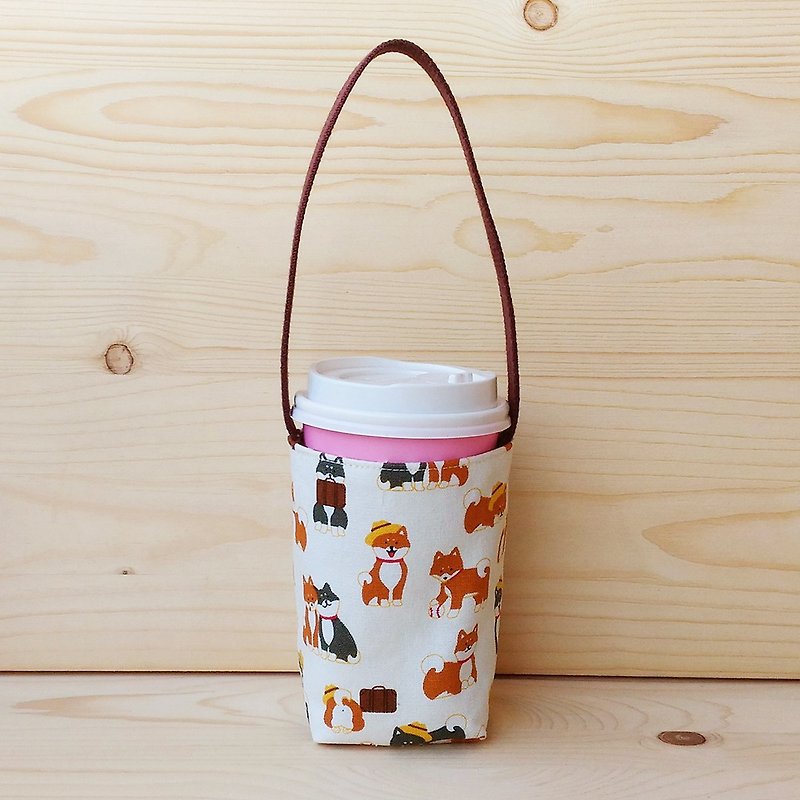 日本柴犬/超商咖啡杯袋(大杯)/剩1 - 杯袋/飲料提袋 - 棉．麻 橘色