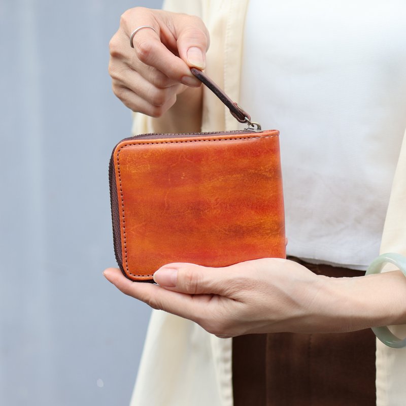 【客製化刻字】手染植蹂牛革 真皮拉鍊短夾/皮夾 2色 聖誕節禮物 - 錢包/皮夾/長短夾 - 真皮 咖啡色