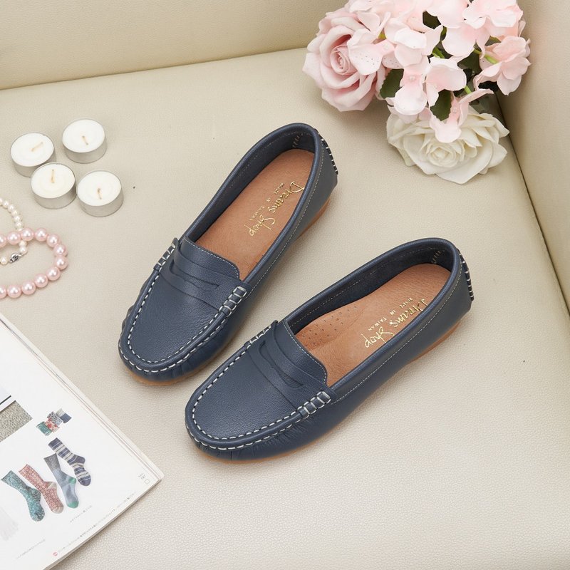 Arch support_simple stitched moccasin casual shoes dark blue - Women's Casual Shoes - Genuine Leather Blue