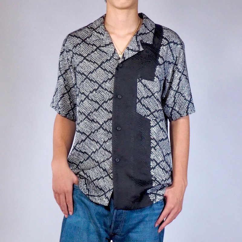 【日本製造】和服翻拍男士襯衫 M、半袖、紮染、柔軟絲綢 - 男襯衫/休閒襯衫 - 絲．絹 黑色