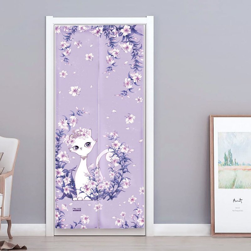 Long Canvas Door Curtain | Home Furnishing | Washable Not Fading-Lily Little Queen Cat Romantic Purple - Doorway Curtains & Door Signs - Cotton & Hemp Purple