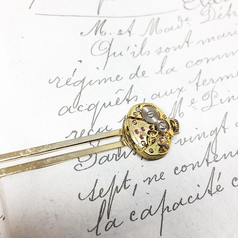 1950 gold antique watch movement tie clip - เนคไท/ที่หนีบเนคไท - โลหะ สีทอง
