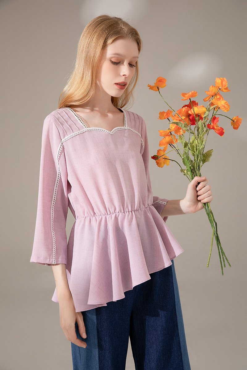 Heart Neck Asymmetric Ruffle Tunic | Pink | Non-Stretch | Unlined - Women's Tops - Polyester Pink