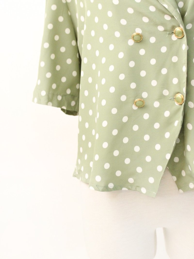 Vintage Japanese made sweet pink green dot short sleeve vintage shirt blouse jacket - Women's Shirts - Polyester Green