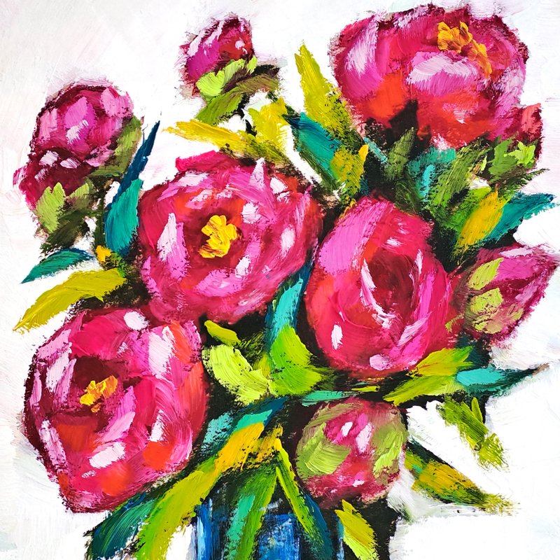 Peonies Painting Peony Original Art Floral Oil Painting Flowers Small Wall Art - 海報/掛畫/掛布 - 其他材質 多色