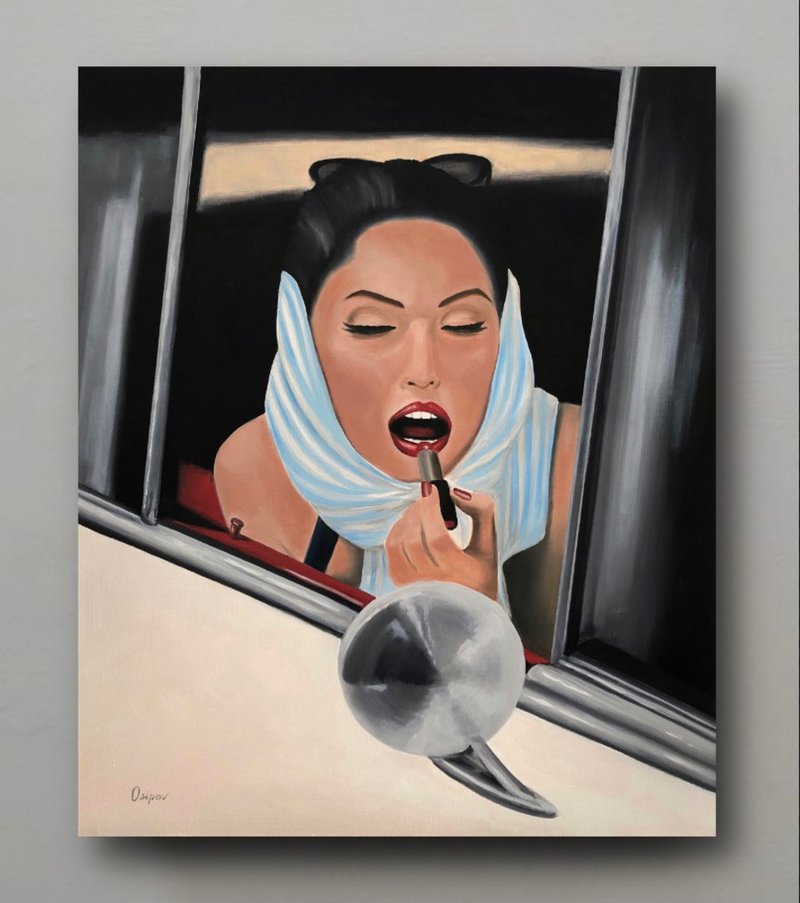 Original Women Painting Oil Painting On Canvas Car Painting Red Lips Artwork - ตกแต่งผนัง - ผ้าฝ้าย/ผ้าลินิน หลากหลายสี