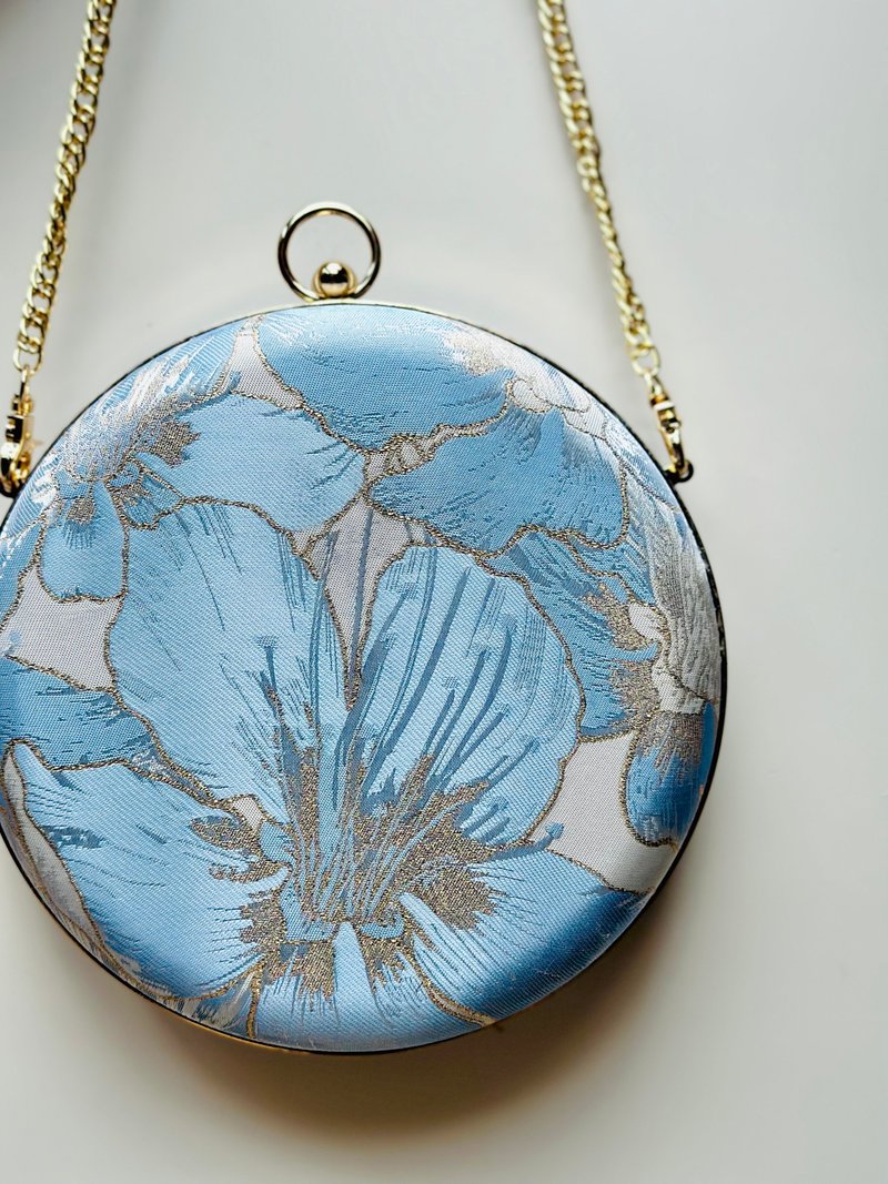 Brocade light blue gold flower round bag - can be carried in hand/cross-body - Clutch Bags - Cotton & Hemp Blue