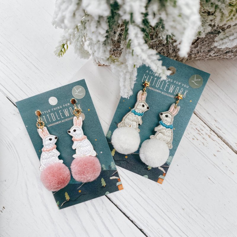 Embroidery earrings |  white rabbit & gray rabbit | Littdlework - ต่างหู - งานปัก 