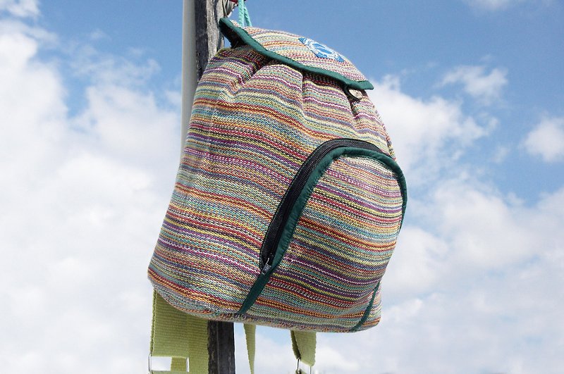 Natural Hand Woven Rainbow Colorful Canvas School Bag / Backpack / Backpack / Shoulder Bag-Emerald Green Tea - Backpacks - Cotton & Hemp Multicolor