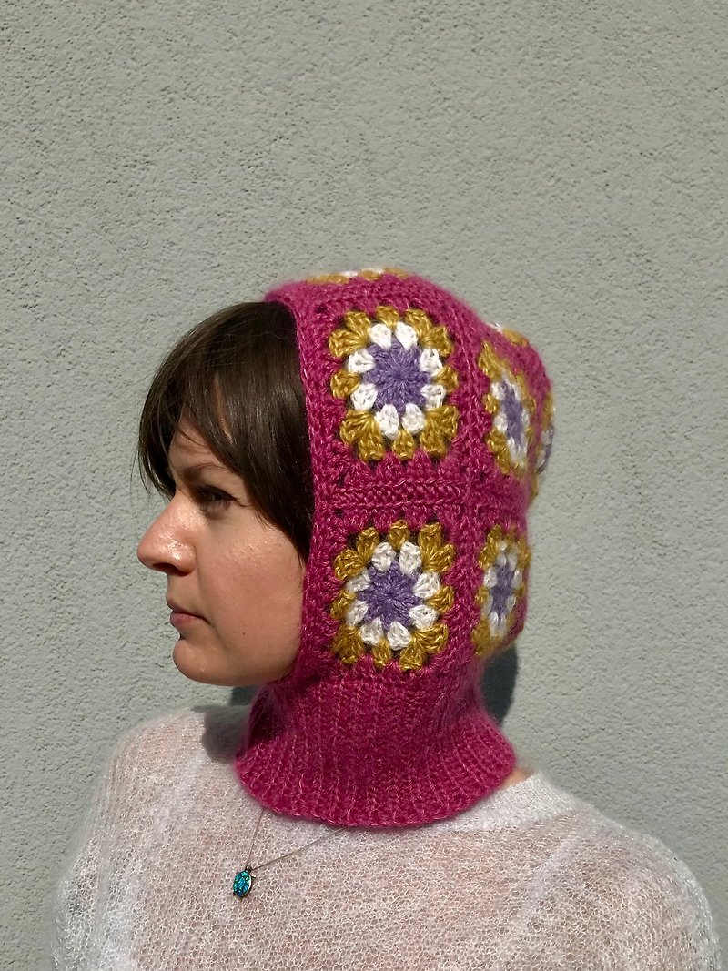 Crocheted cashmere blend balaclava in granny square technique - Hats & Caps - Wool Pink