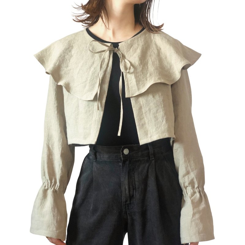 [Ready to ship] Linen ruffle collar ribbon blouse, cropped length - Women's Shirts - Cotton & Hemp Khaki