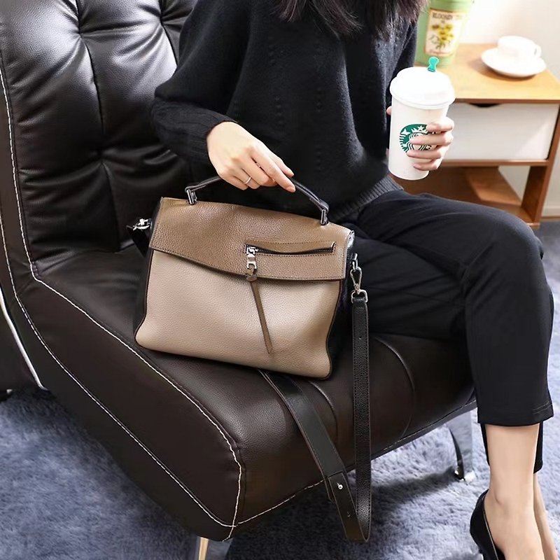 Genuine leather women's bag, women's side bag, tote bag, crossbody bag, handbag, light luxury, high-end genuine leather bags - Handbags & Totes - Genuine Leather Khaki