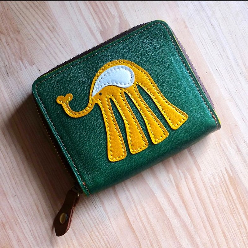 ㄇ字短夾(飛飛象綠色羊皮款) - 長短皮夾/錢包 - 真皮 