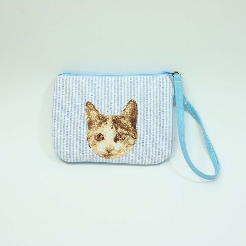 刺繡 手挽式零錢包05-貓 - 散紙包 - 棉．麻 藍色