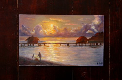 油絵 絵画【夕日の海】 油絵 絵画 夕日の海 【A4】 絵画 HR 通販 14775158｜Creema