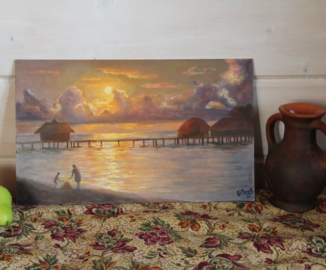 風景ビーチ油絵オリジナルオーシャンアートカラフルな夕日の風景