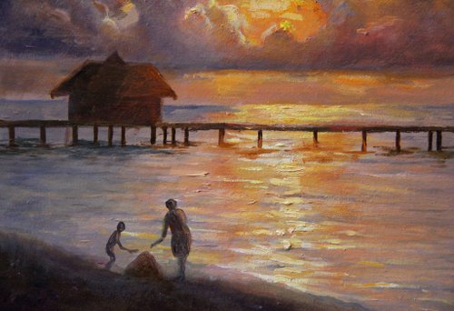 油絵 絵画 【夕暮れのビーチ】 6c3f790b62807551f67828260c4692
