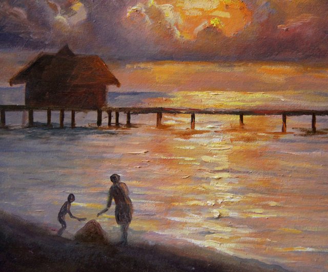 風景ビーチ油絵オリジナルオーシャンアートカラフルな夕日の風景