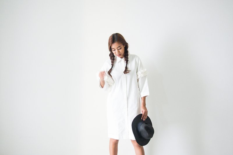 Mani Mina Knee Length Shirt Dress With Ruffle White - One Piece Dresses - Cotton & Hemp 