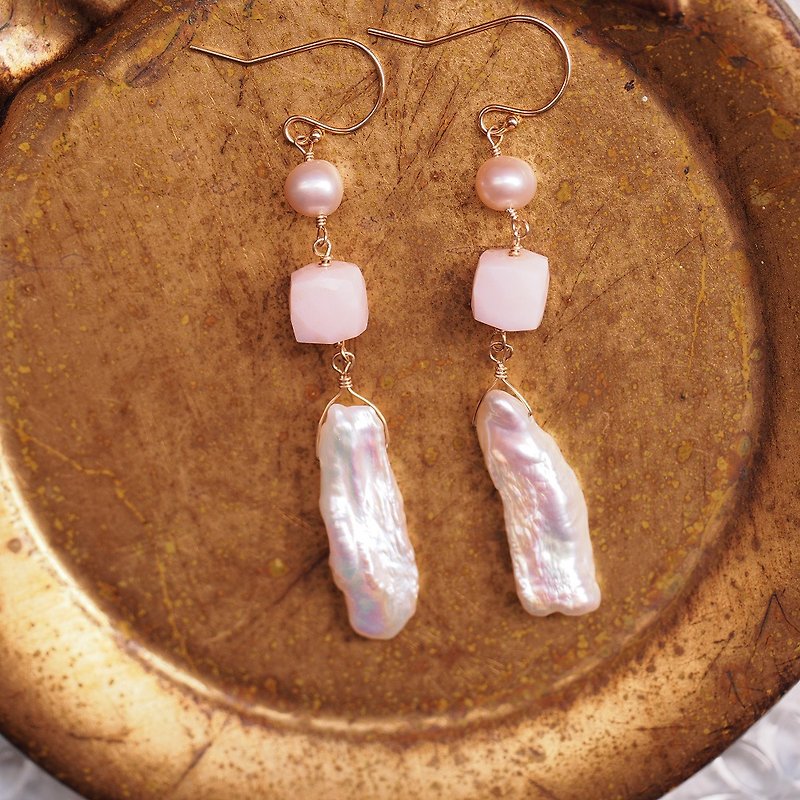 14KGF 粉紅蛋白石 珍珠 長型耳環 天然石 Pink Opal earrings - 耳環/耳夾 - 半寶石 粉紅色
