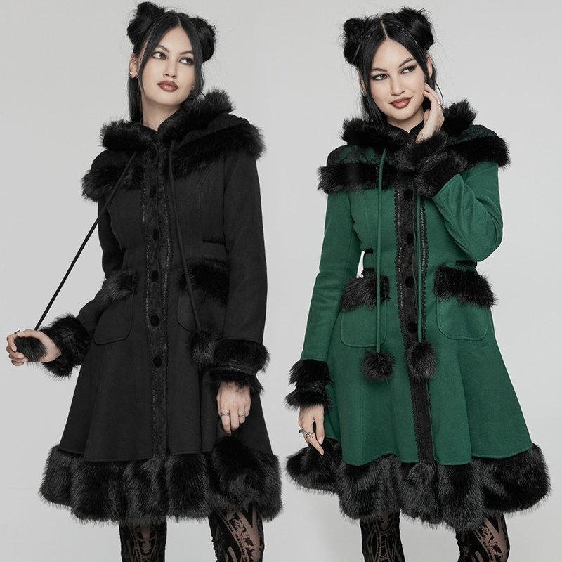 Lolita Witch Shawl Retro Hooded Coat - black/green/warm double-sided fleece - Women's Casual & Functional Jackets - Other Materials Black