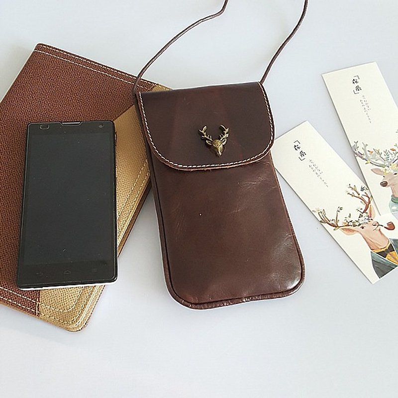 (On the new first 5 fold) can be engraved phone bag mobile phone bag Messenger bag small package package genuine cowhide crazy horse oil wax leather retro old iphone mobile phone bag gift - เคส/ซองมือถือ - หนังแท้ สีนำ้ตาล