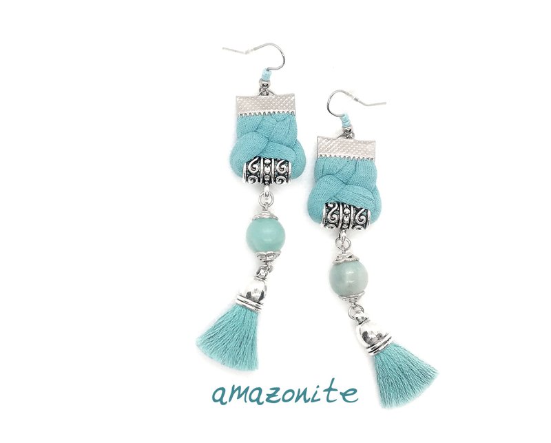 Amazonite Drop Tassel Earrings Boho Seafoam Fabric Earrings Gift for Her - ต่างหู - เครื่องเพชรพลอย สีน้ำเงิน