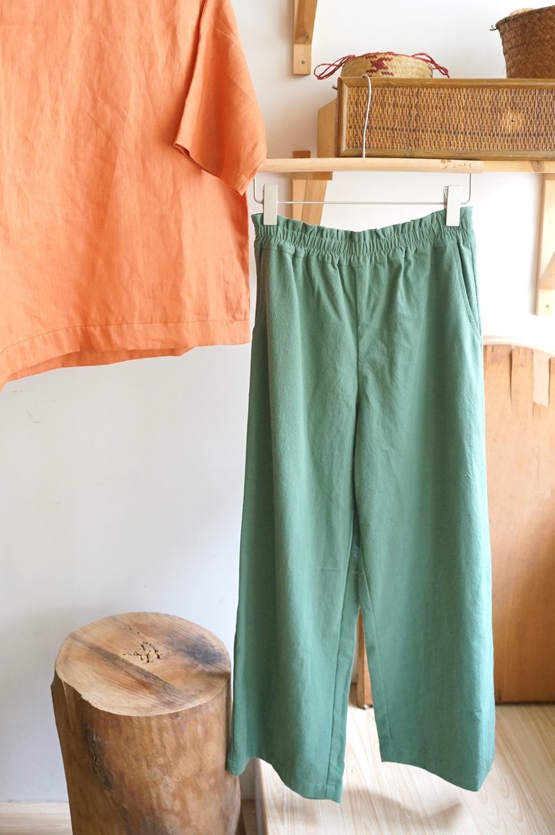 Heart Flower Series-Green Field Elastic Cotton Straight Pocket Wide Pants - กางเกงขายาว - ผ้าฝ้าย/ผ้าลินิน สีเขียว