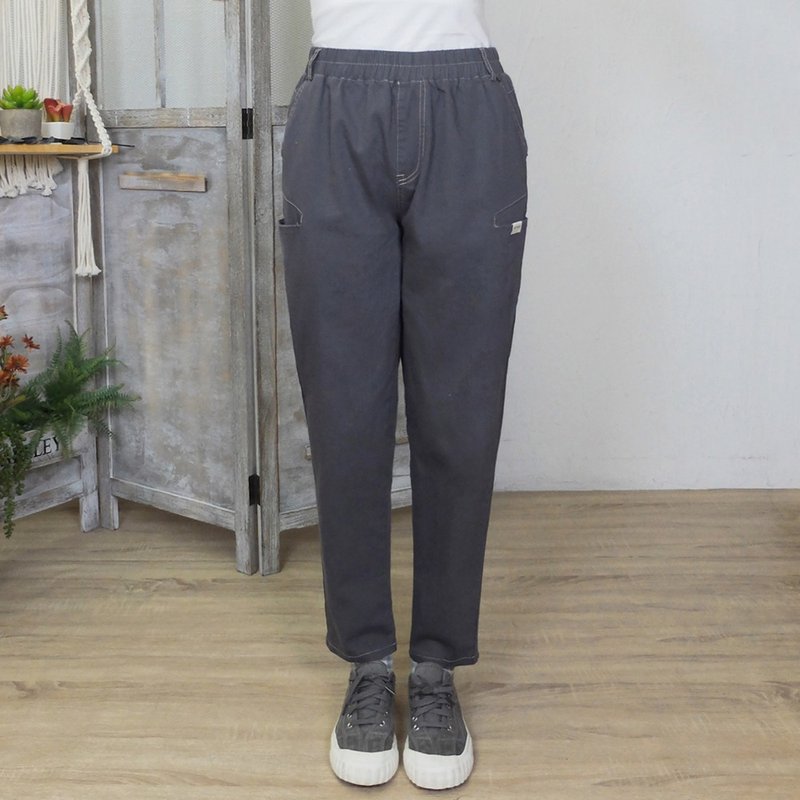 Hana Mokuba elasticated waist contrast stitched multi-pocket casual trousers - กางเกงขายาว - วัสดุอื่นๆ 