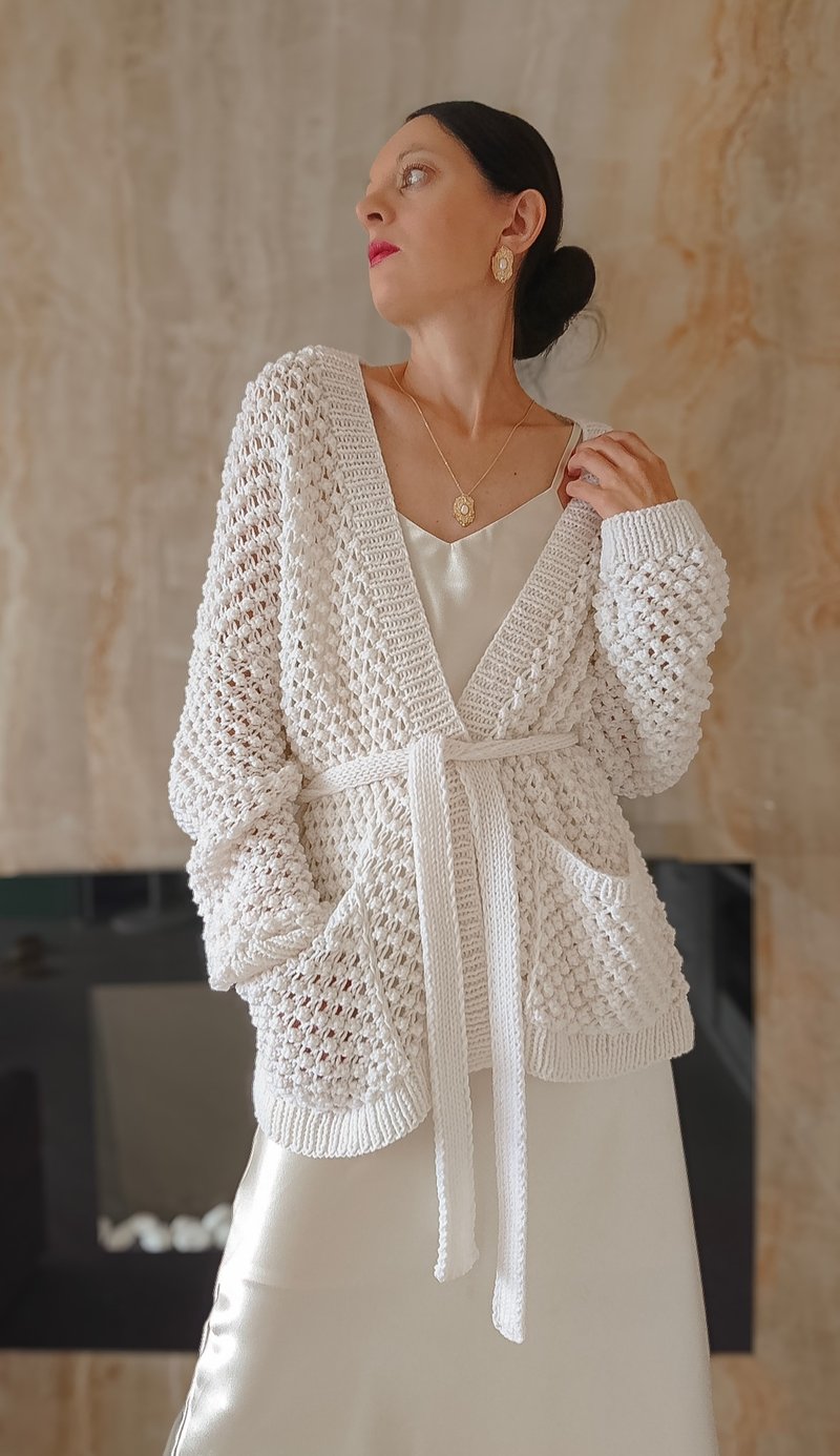 White sweater jacket Kimono cardigan Drop shoulder loose top Sweater wool women - 女毛衣/針織衫 - 羊毛 