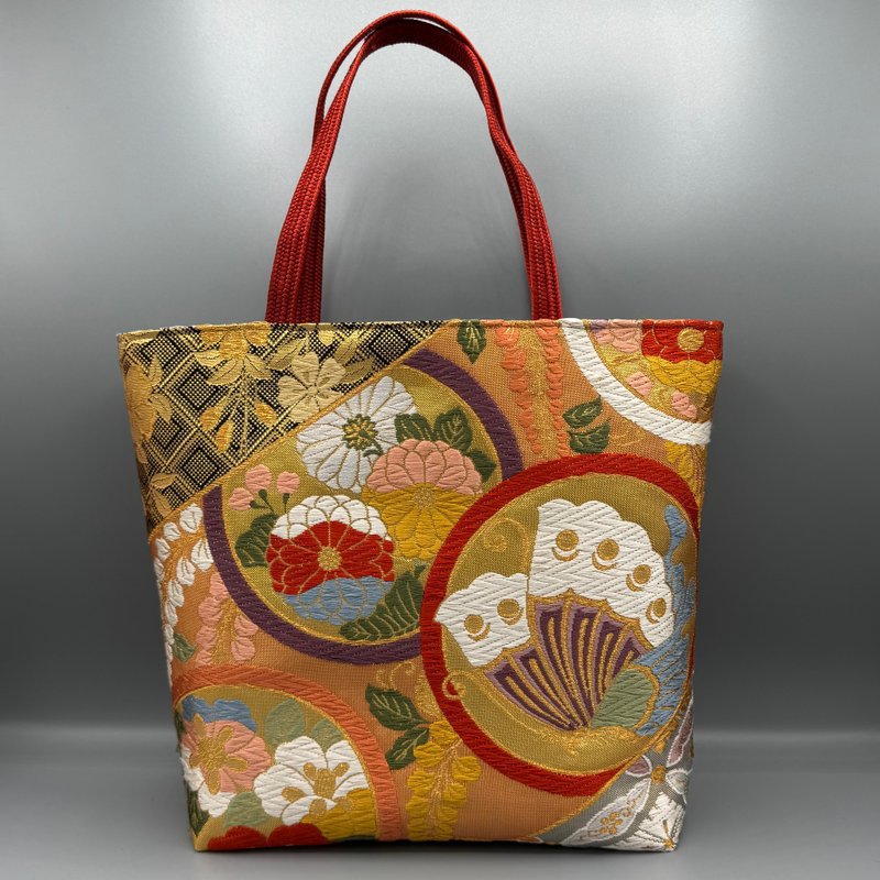 着物 帯 帯締め ハンドメイド トートバッグ リメイク 金 蝶 - 手提包/手提袋 - 絲．絹 金色